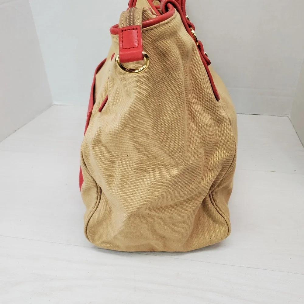 Boulevard Sunday Tote Shopper Carry All Tan Canvas Red Leather Large REDS